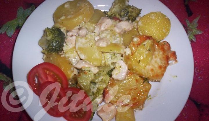 Zapečená brokolice s kuřecím masem a bramborami | recept.