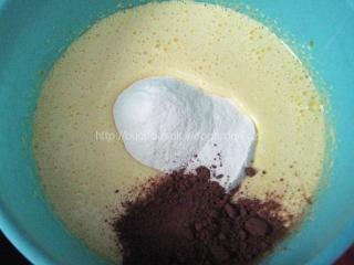 Vejce, cukr a vanilkový cukr si v míse vyšleháme do pěny, šleháme elektrickým šlehačem na plný výkon 3 – 5 minut. Poté vařečkou pomalu zamícháme mouku smíchanou s práškem do pečiva a kakao.